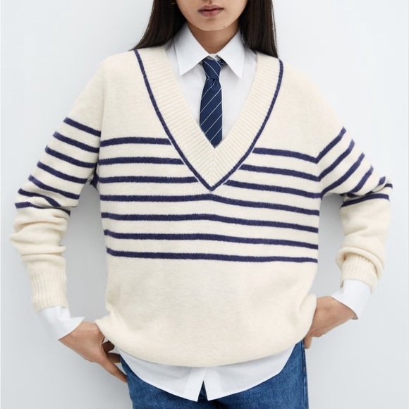 Mango Cream and Blue V-Neck Sweater with Nautical Stripes - Picture 1 of 9